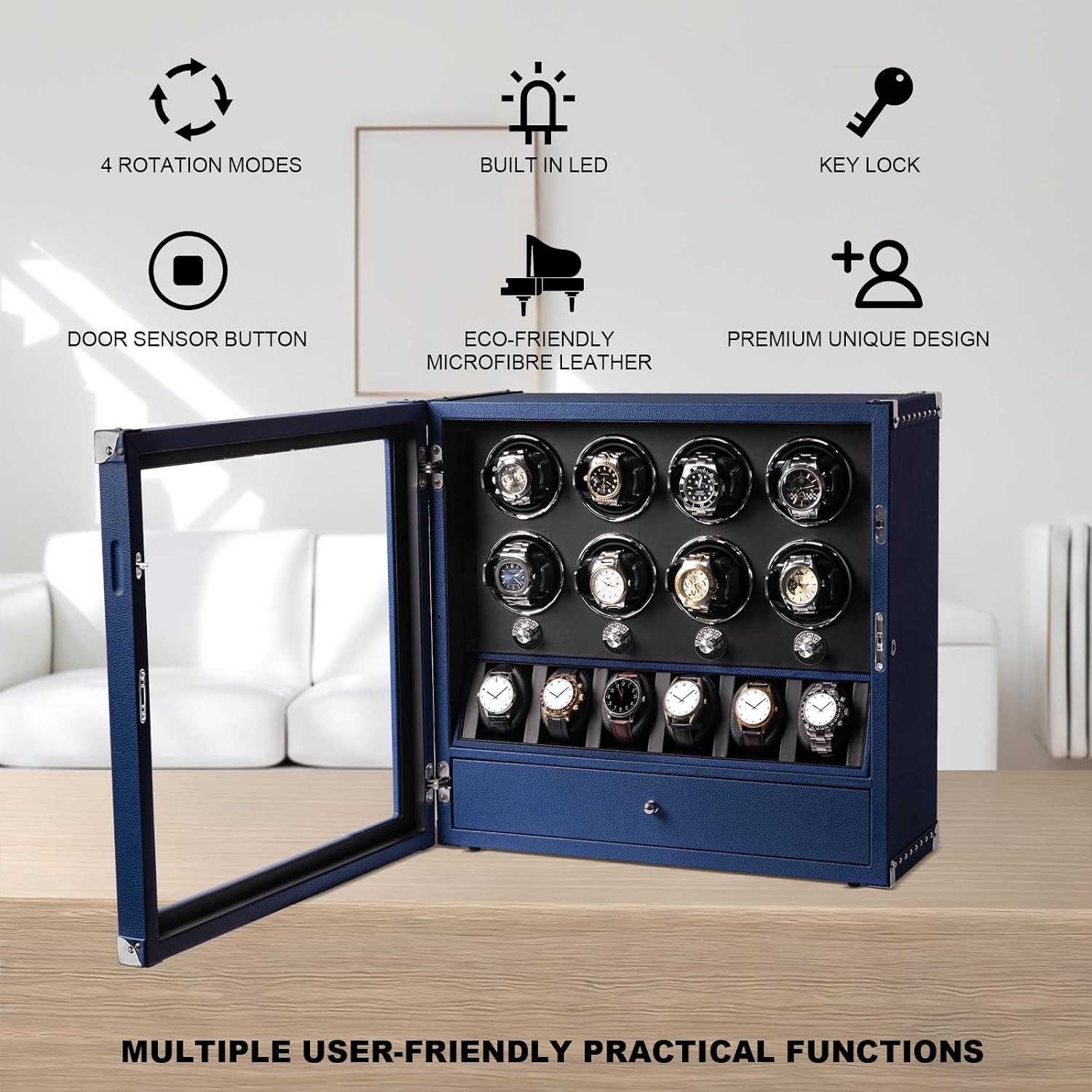 DUKWIN Watch Winder for 4/6/8 Automatic Watches, Lockable Winders with Watch Holders and Jewelry Storage, Super Quiet Motor with High-Gloss Finish, Built-in Illumination