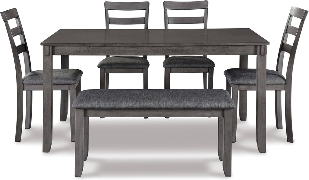 Signature Design by Ashley Bridson Dining Table Set For 6 With Bench, Wood 6‑Piece Kitchen Table And Chairs With Upholstered Seats, Transitional Charcoal Gray Dining Room Collection For Family Meals