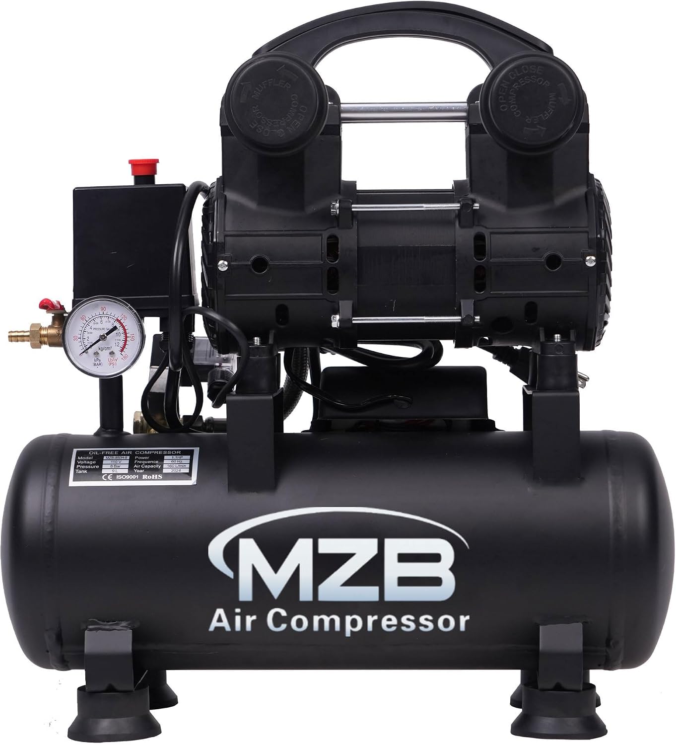 MZB 2.4 Gallon Ultra Quiet Air Compressor 110V/60Hz 1.2HP 5.65CFM, MAX 115PSI Steel Tanks Oil-Free 70dB Noise Level Air Compressor for Spray Painting, Auto Repair, Carpentry Decoration