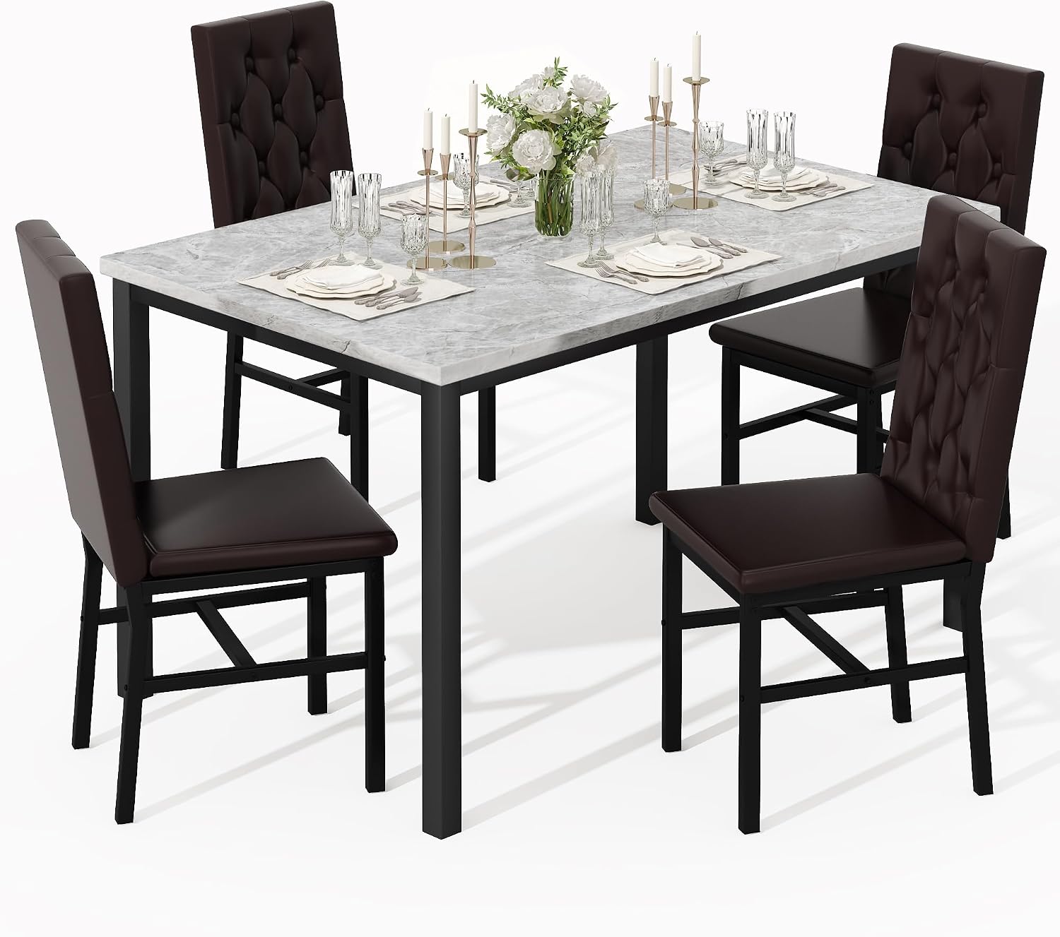 Hooseng Dining Table Set for 4, Faux Marble Small Kitchen Table Chairs Set of 4 with Luxurious Button Tufted Dinner Chairs for Kitchen and Dining(Brown)