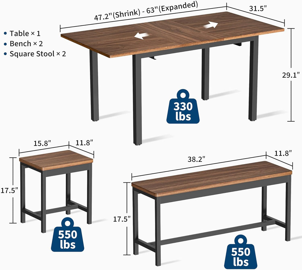 GarveeHome 5-Piece Dining Table Set for 4-8 People, 63 in Large Extendable Kitchen Table Set with 2 Benches and 2 Square Stools, Modern Dining Room Furniture Sets, Easy Assembly, Espresso