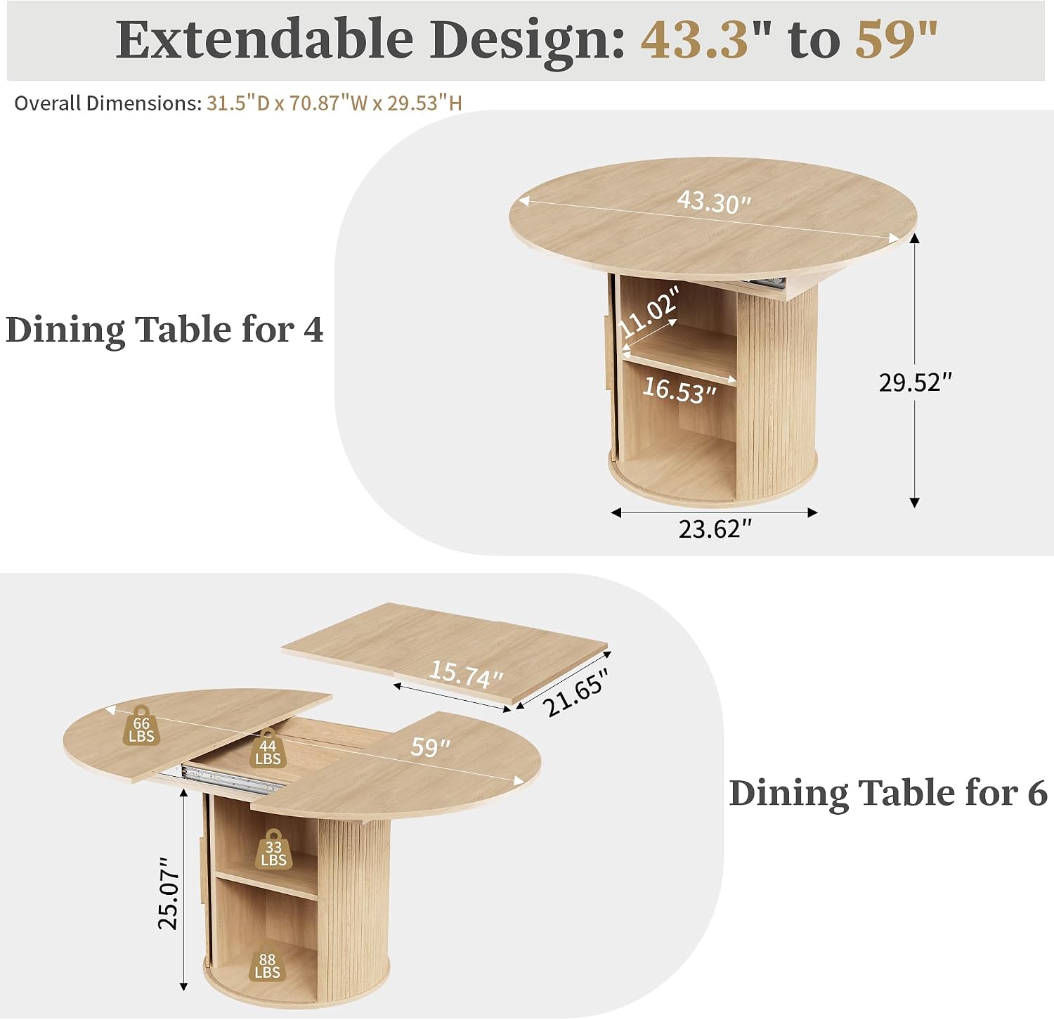 weselon 43'-59' Extendable Round to Oval Dining Table with Hidden Storage, Modern Wooden Kitchen Table with Fluted Sliding Door Cabinet, Expandable Dinner Table for Dining Room Living Room (Natural)