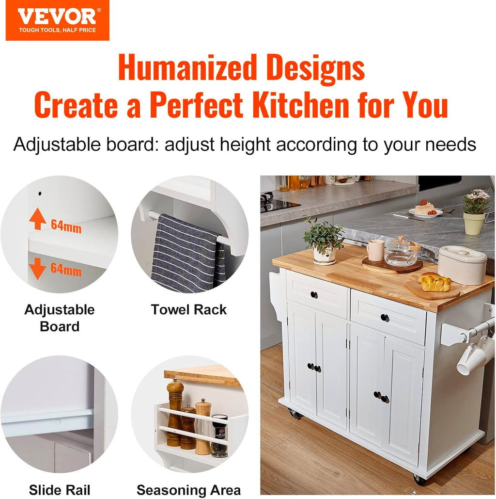 VEVOR Kitchen Island Cart with Solid Wood Top, 35.4' Width Mobile Carts with Storage Cabinet, Rolling Kitchen Table with Spice Rack, Towel Rack, and Drawer, Portable Islands on Wheels, White