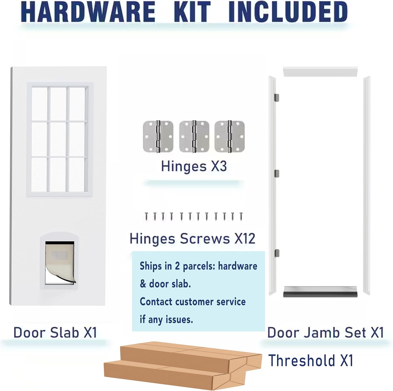 Front Door，36' x 80' 1-Lite Exterior Door with Pet Door, Left-Handed Clear Glass Entry Door, Solid Wood & MDF Construction, Prehung Door Jamb & Threshold Hardware Kit, Waterproof Primer