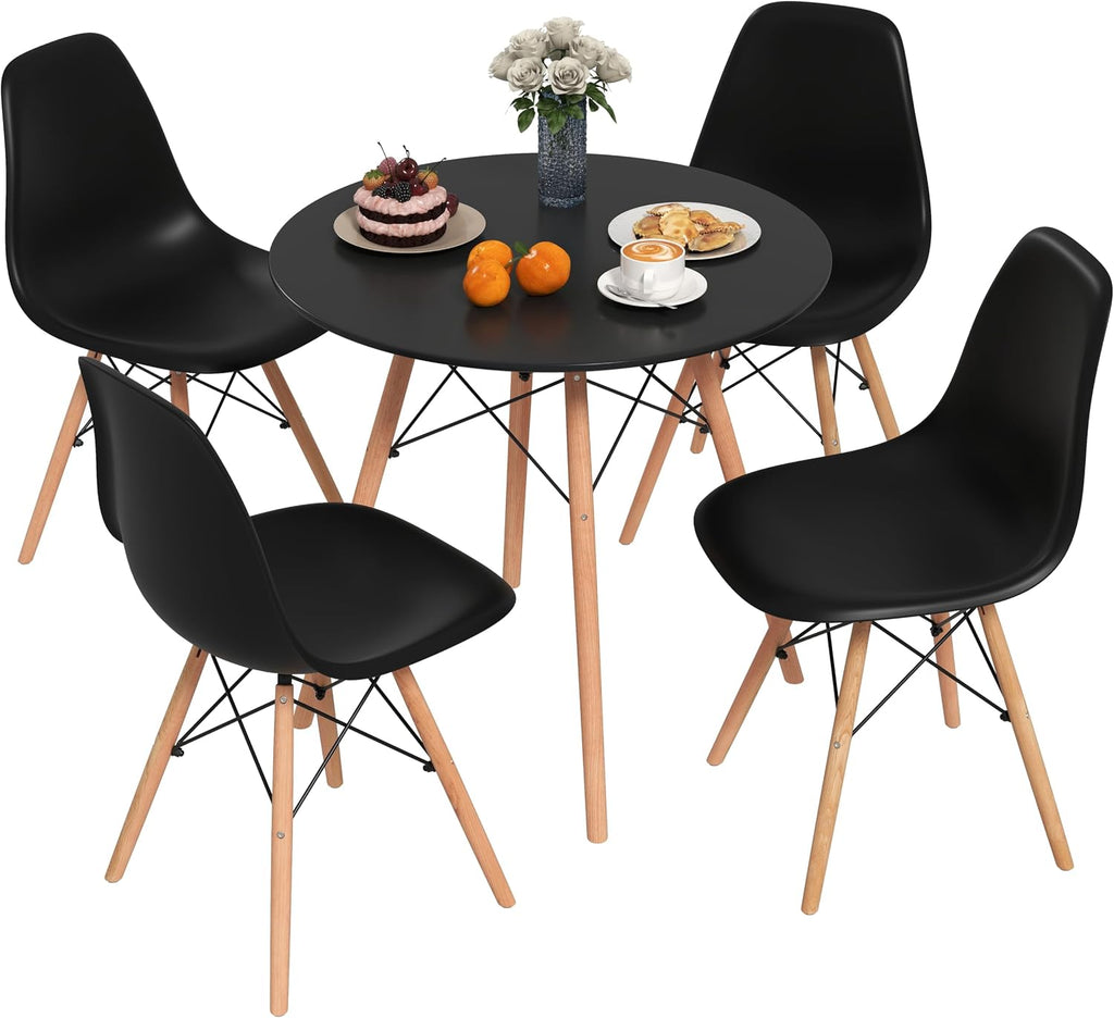 Tangkula Round Dining Table Set for 4, Modern Circle Kitchen Table & 4 Chairs with Ergonomic Seats and Solid Wood Legs, 5-Piece Dining Room Set for Small Spaces, Kitchen, Living Room