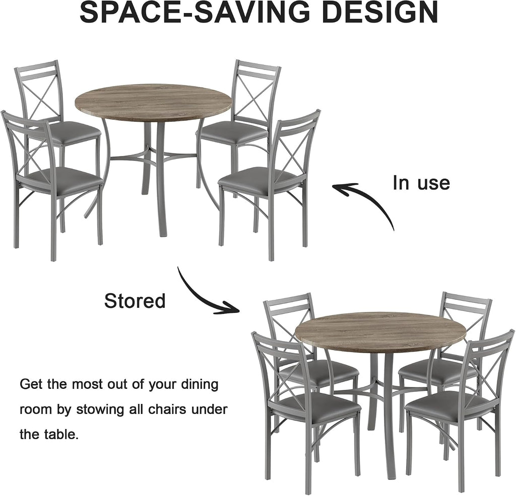 VECELO 5 Piece Dining Table Set for 4 with Chairs, Wood Grain Tabletop, Small Space, Kitchen, Breakfast Nook, Grey