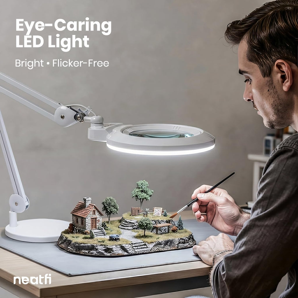 Neatfi XL LED Magnifying Lamp, Hands-Free, Dimmable, Crafts, Reading, Close Work (White, Non-CCT with Base)