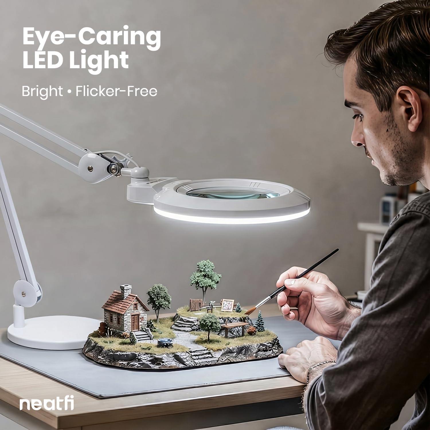 Neatfi XL LED Magnifying Lamp, Hands-Free, Dimmable, Crafts, Reading, Close Work (White, Non-CCT with Base)