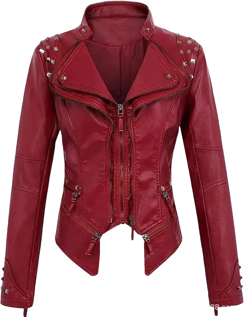 Women's Washed Pu Leather Jacket - Short Turn-Down Collar With Rivet Details Spring Autumn Wear