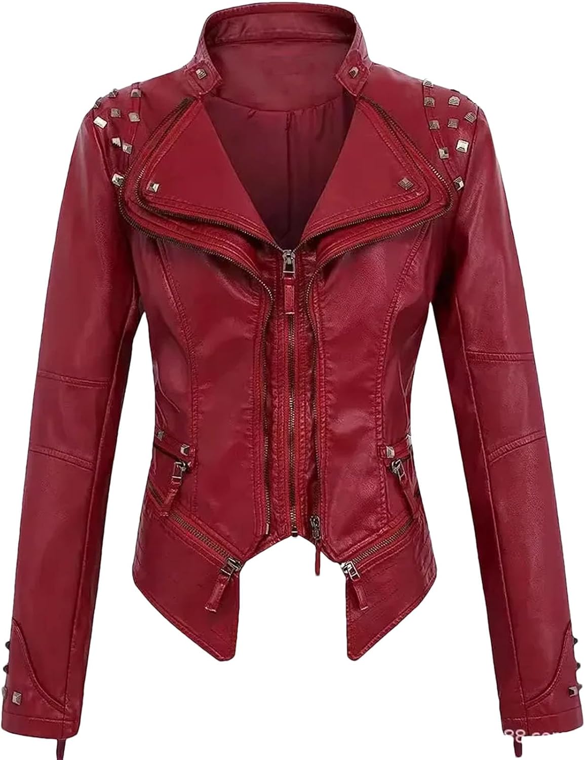 Women's Washed Pu Leather Jacket - Short Turn-Down Collar With Rivet Details Spring Autumn Wear
