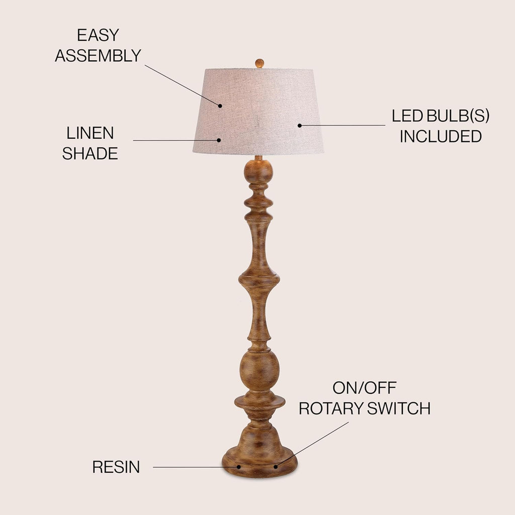 JONATHAN Y 67' Brown Spindled Resin LED Floor Lamp, Rustic Farmhouse Faux Bois Standing Lamp, Gray Linen Drum Shade for Living Room, Bedroom, LED Bulb Included, UL Listed JYL3000A