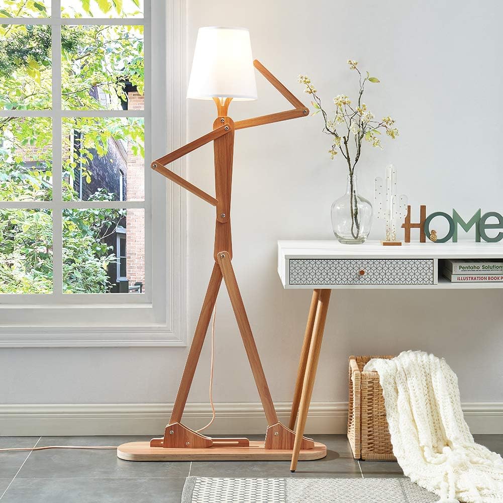 Cool Tall Wood Floor Lamp for Living Rooms Bedrooms - Office Corner Decorative Reading Standing Arc Light Creative Swing Arm Gift Ideas for Kids Boys Girls Bedside - LED Bulb Included (Ash)