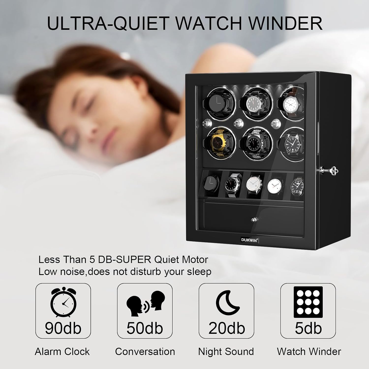 DUKWIN Watch Winder for 4/6/8 Automatic Watches, Lockable Winders with Watch Holders and Jewelry Storage, Super Quiet Motor with High-Gloss Finish, Built-in Illumination