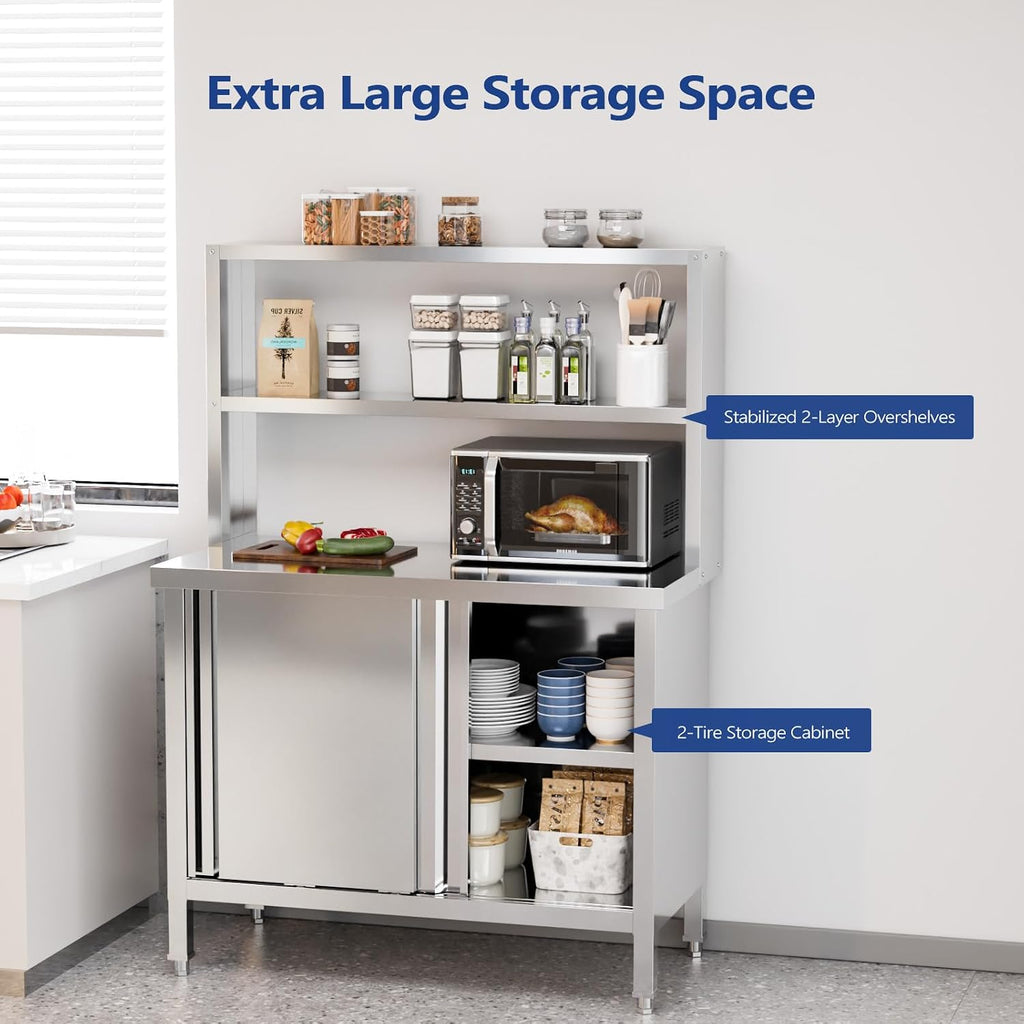 ROVSUN All Stainless Steel Table with Overshelves 39' X 19', NSF Commercial Heavy Duty Pre Table with Large Space Storage Cabinet for Kitchen Restaurant Hotel Garages