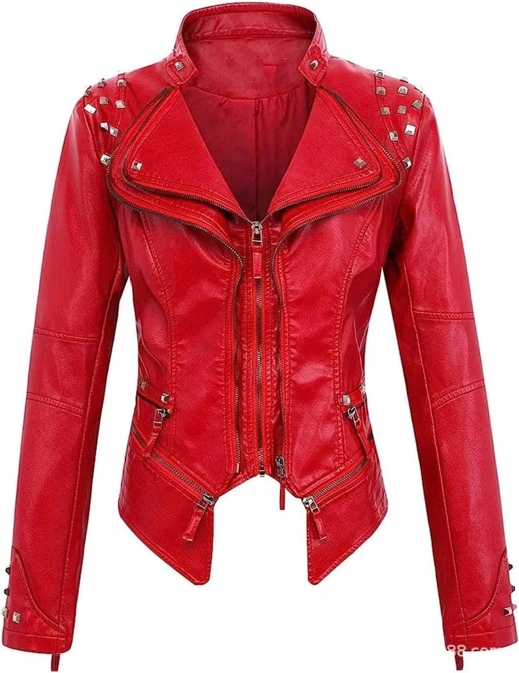 Women's Washed PU Leather Jacket With Lapel Rivets And Fitted Waist For Casual Autumn Fashion
