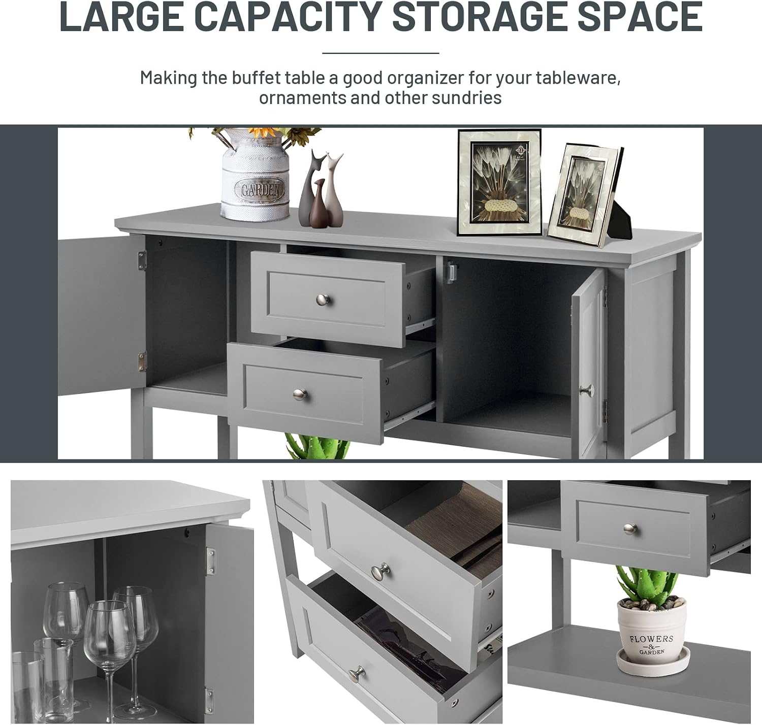 COSTWAY Buffet Sideboard, with 2 Wood Storage Drawers & Open Shelf, Console Table for Living Room Kitchen Dining Room Furniture (Grey)