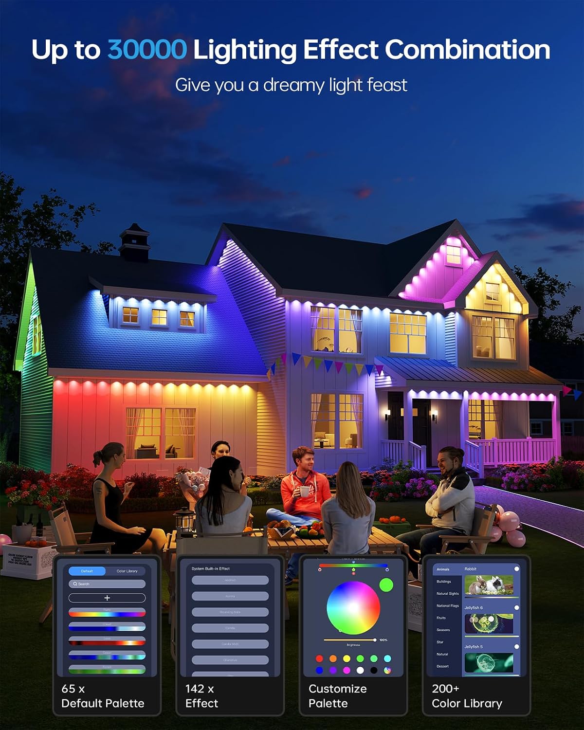 ASAHOM AI Permanent Outdoor Lights S107C, 150FT with 108 RGBCW LED Lights and Dual Output, 30,000 Lighting Effect Combination, IP67 Waterproof for House Halloween Christmas and Daily Decoration, Black