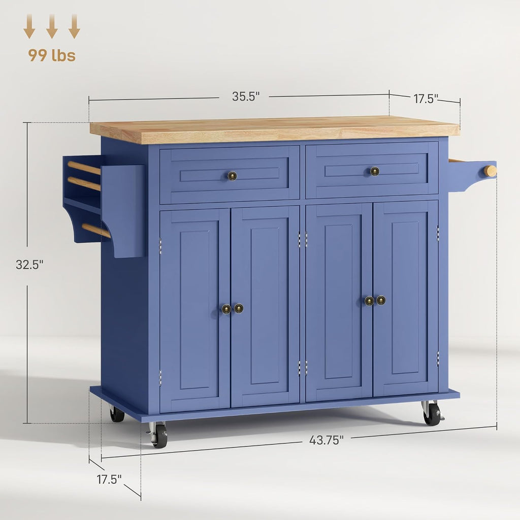 HOMCOM Kitchen Island Cart with Solid Wood Top, 44' Mobile Kitchen Island Table on Wheels with Storage Cabinets, 2 Drawers, Adjustable Shelves, Spice Rack & Towel Bar for Dining Room, Navy Blue