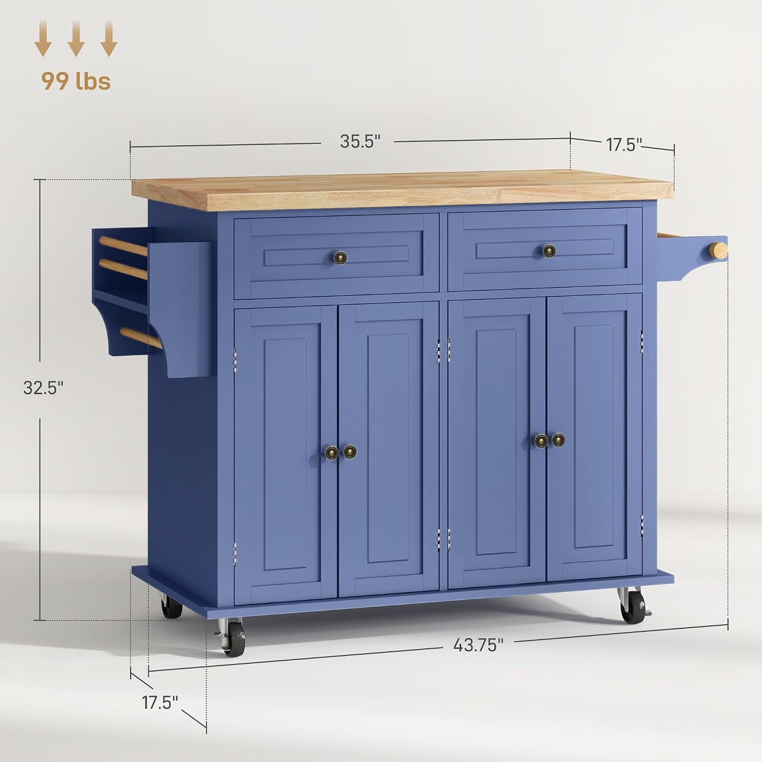 HOMCOM Kitchen Island Cart with Solid Wood Top, 44' Mobile Kitchen Island Table on Wheels with Storage Cabinets, 2 Drawers, Adjustable Shelves, Spice Rack & Towel Bar for Dining Room, Navy Blue