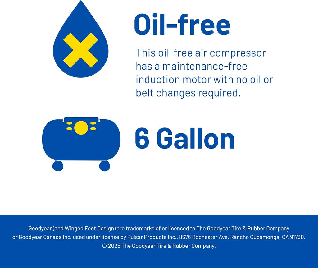 Goodyear 6 Gallon 150 PSI Oil Free Electric Pancake Air Compressor