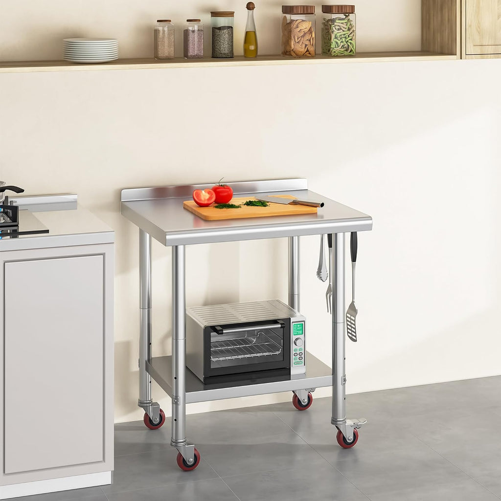 YITAHOME 30' x 24' Stainless Steel Table with Wheels for Prep & Work with Backsplash, NSF Metal Table Prep Table with Undershelf for Home Kitchen Restaurant Garage Warehouse