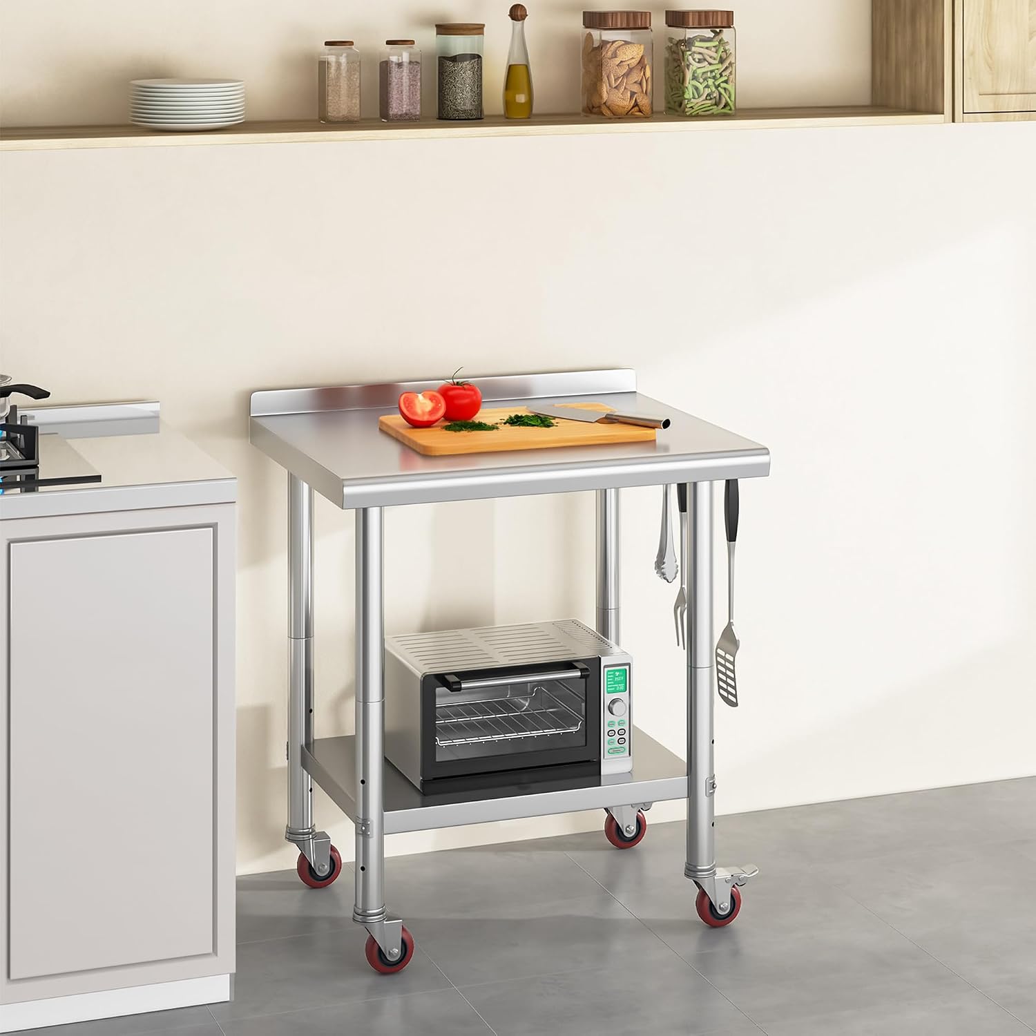 YITAHOME 30' x 24' Stainless Steel Table with Wheels for Prep & Work with Backsplash, NSF Metal Table Prep Table with Undershelf for Home Kitchen Restaurant Garage Warehouse