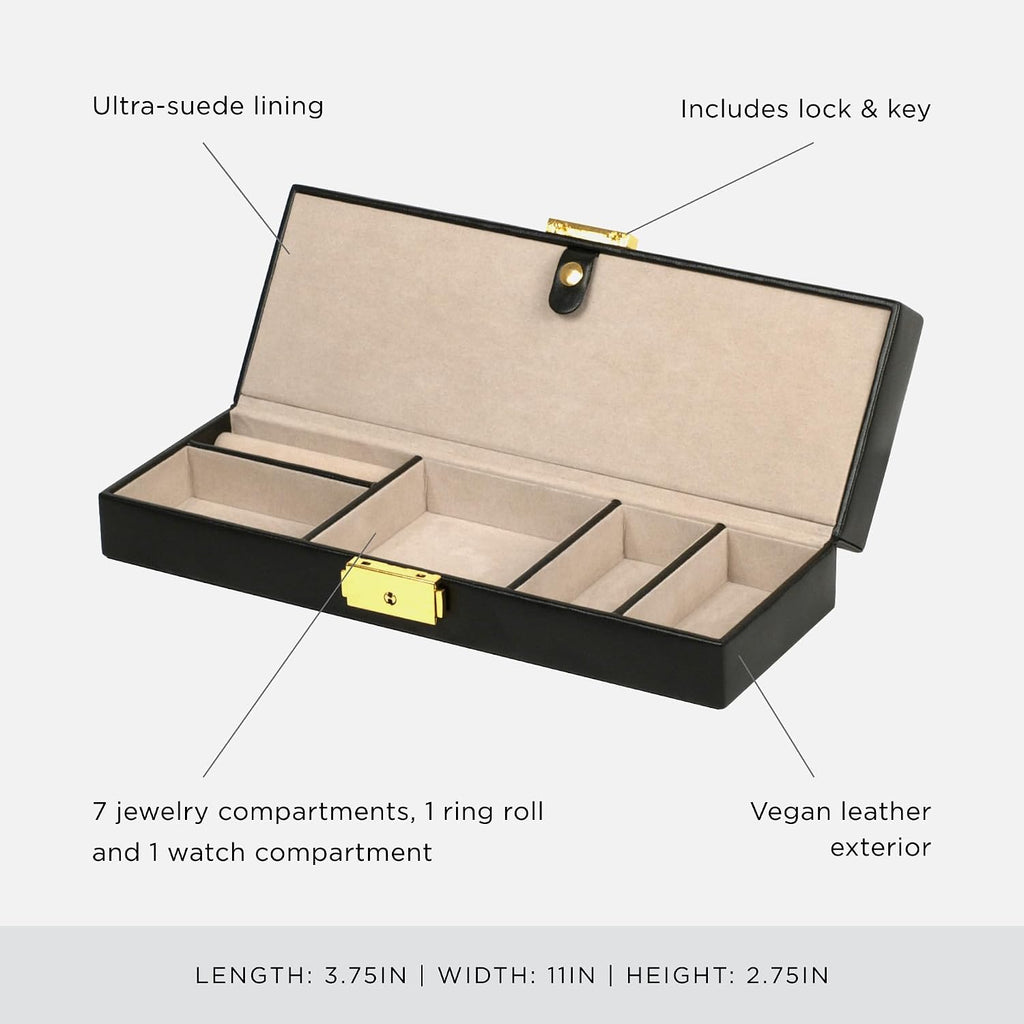 WOLF Heritage Safe Deposit, Black - Seven Jewelry Compartments, One Ring Roll & One Watch Compartment - Includes Lock & Key