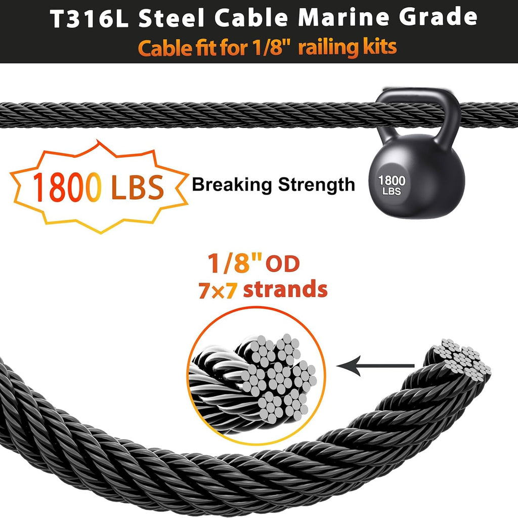Steel DN Mate 800ft Black Wire Rope 1/8' T316L Marine Grade Stainless Steel Cable 7 × 7 Strands for Stair Fence Deck Cable Railing System, with Wire Cutter