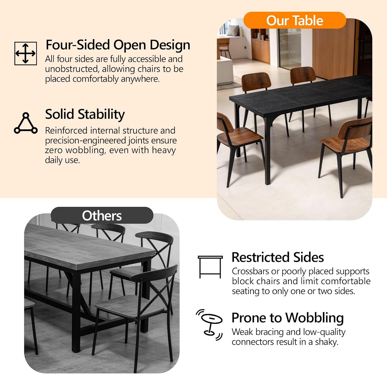 VINGLI Large Dining Table for 8, 70.8in Long Kitchen Table, Rectangular Dinner Table for Dining Room, Farmhouse Wood Kitchen Table for Family Home Office, Black