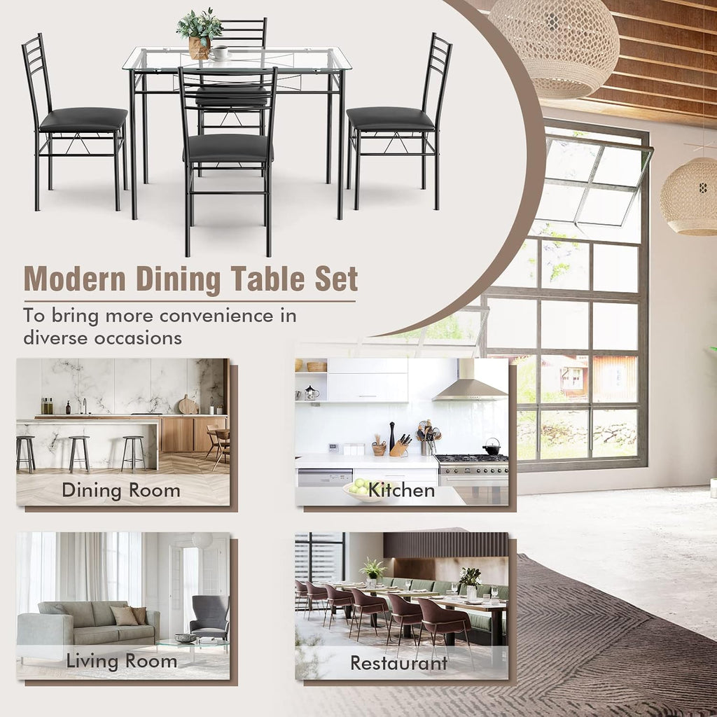 Tangkula Dining Table Set, 5 Pieces Dining Set with Tempered Glass Top Table and 4 Chairs, Kitchen Dining Room Furniture, Black