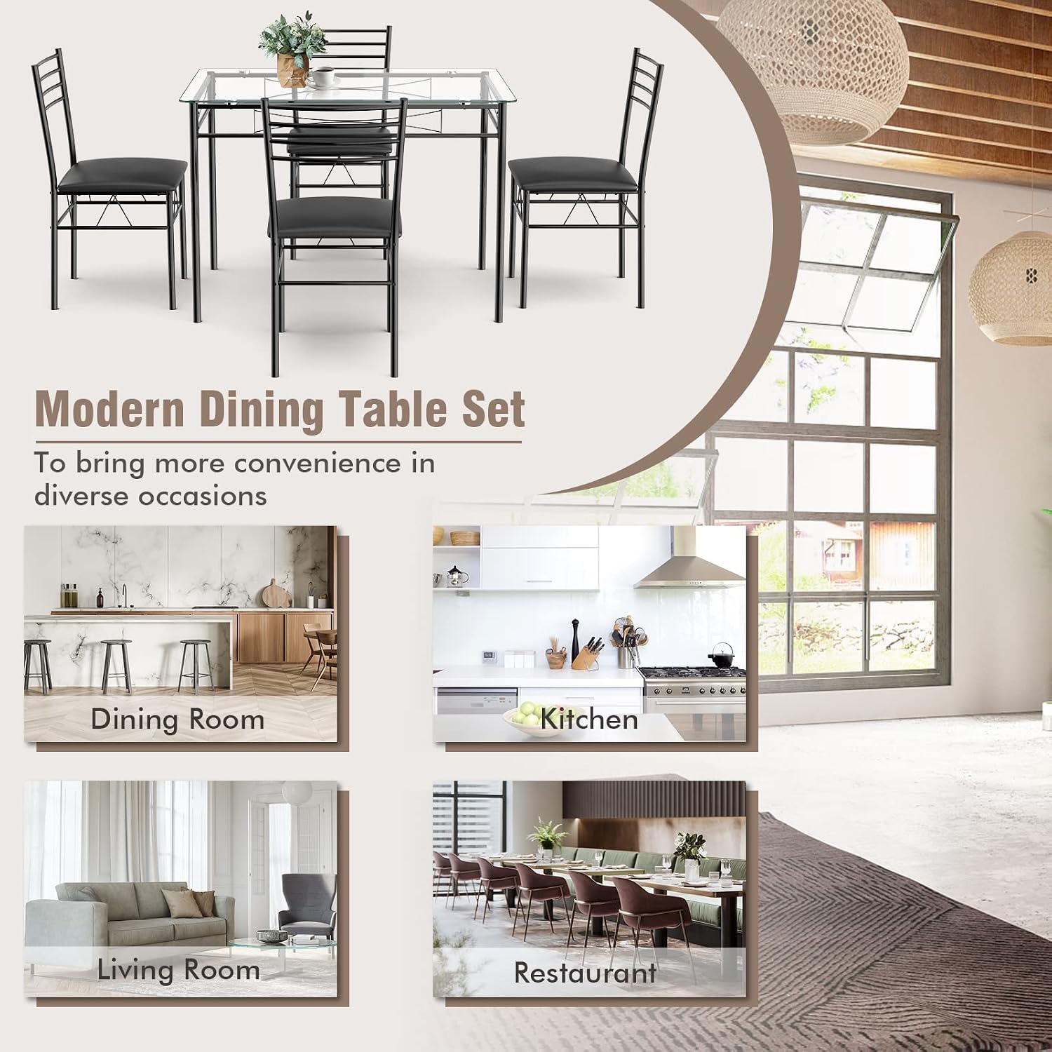 Tangkula Dining Table Set, 5 Pieces Dining Set with Tempered Glass Top Table and 4 Chairs, Kitchen Dining Room Furniture, Black