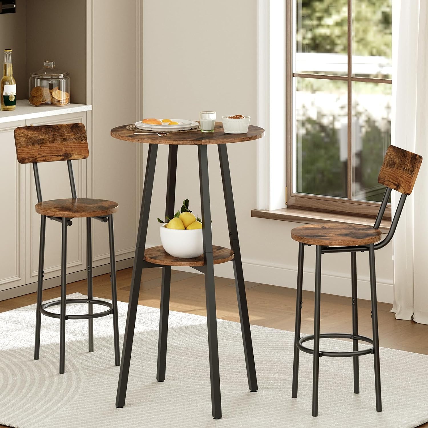 HOOBRO 3 Pieces Round Bar Height Table and Chairs Set, Round Dining Table Set, Pub Table and Chairs for Small Space, 2 Tier Kitchen Table and Bar Stools with Back, Rustic Brown BF35BT01