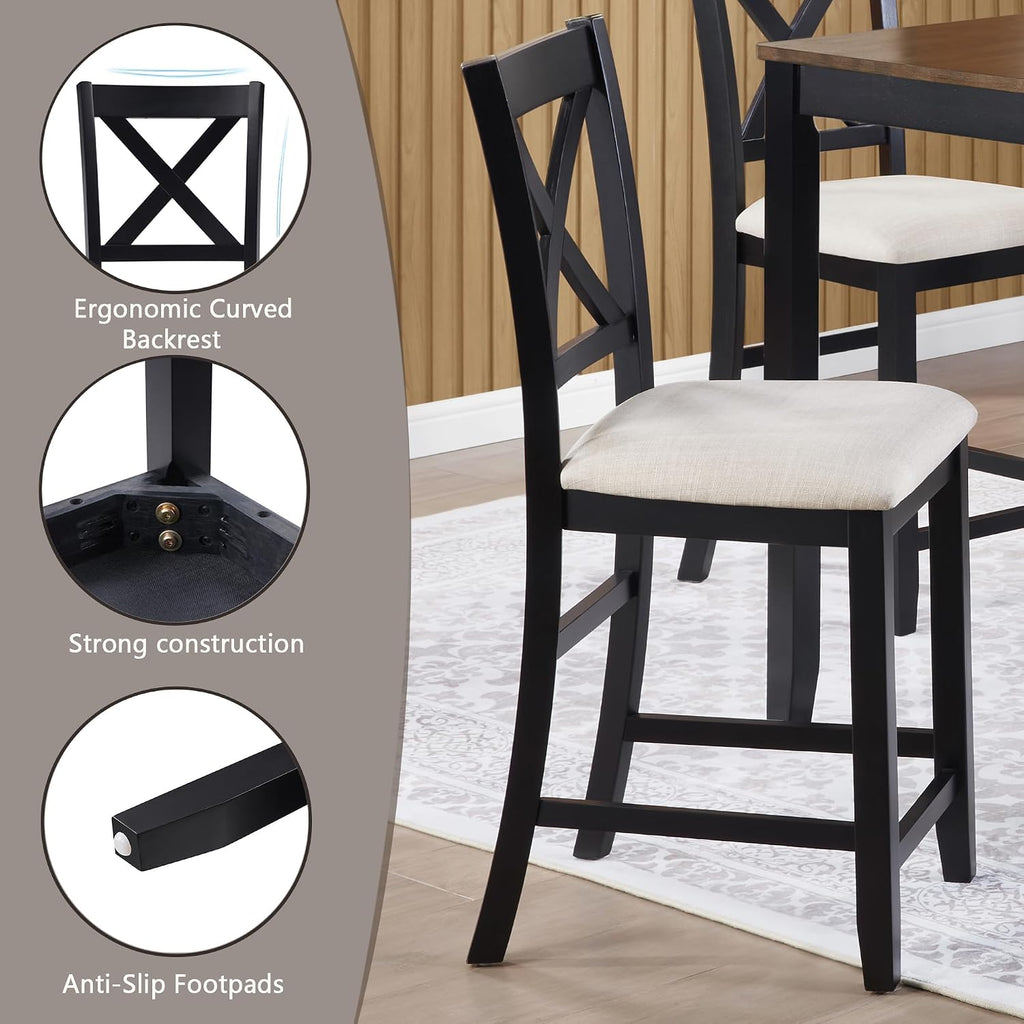 Harper & Bright Designs Counter Height Dining Table Set 5-Piece for 4, Farmhouse Kitchen Table 34.5' Square with 4 X-Back Chairs, Black & Oak for Small Space