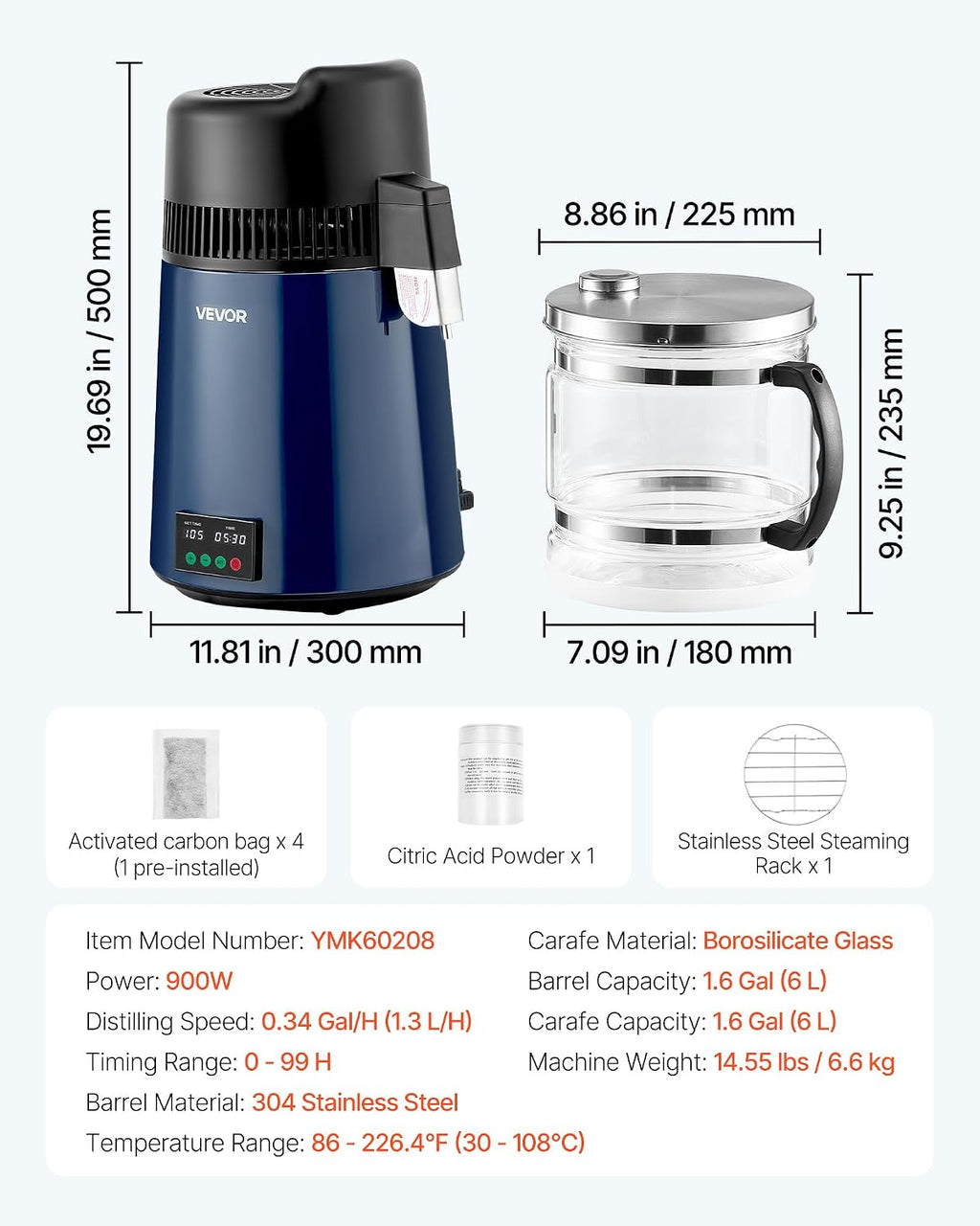 VEVOR Water Distiller, 6L/1.6 Gal Distilled Water Maker Countertop, 900W Distilling Machine with Glass Carafe, 0–99H Timer, Time & Temp Display, 2-Layer 304 Stainless Steel Distill for Home, Navy