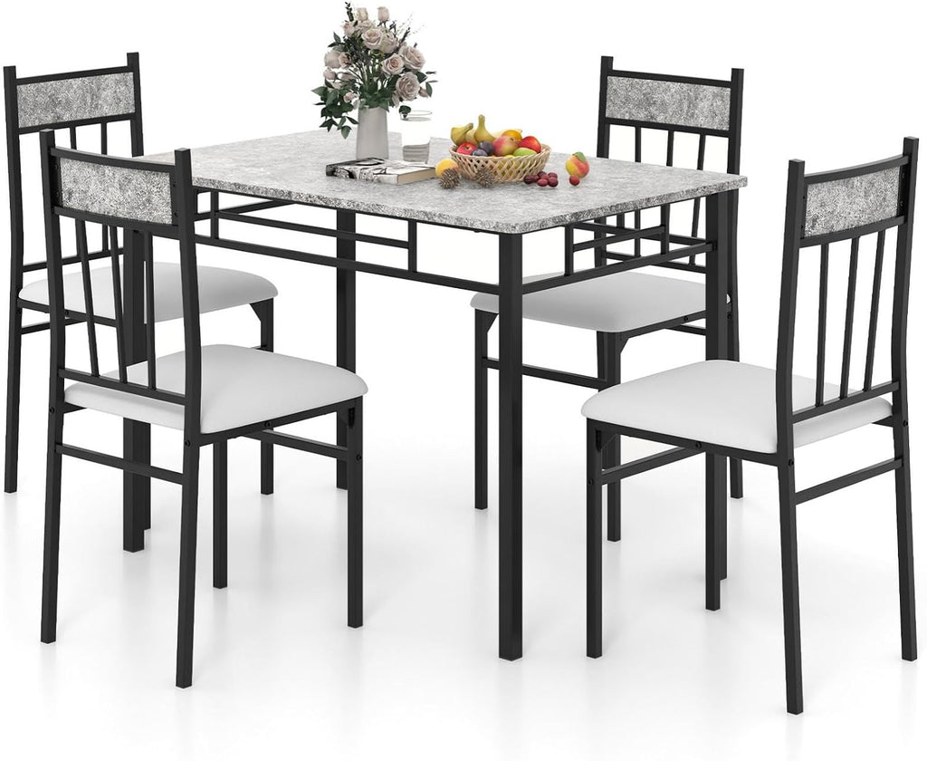 Giantex 5-Piece Dining Table Set for 4, Kitchen Table and Upholstered Chairs Set with Faux Marble Tabletop & Metal Frame, Space-Saving Dinette Set for Breakfast Nook, Small Space, Grey