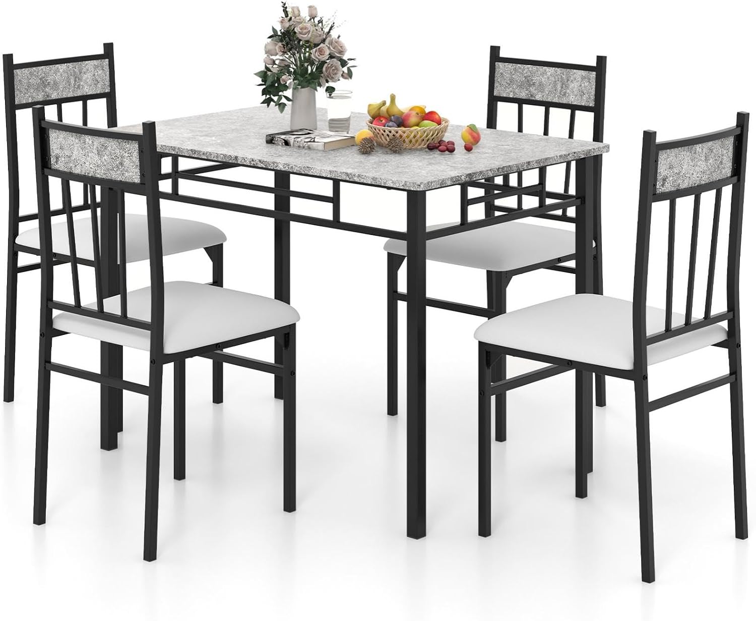 Giantex 5-Piece Dining Table Set for 4, Kitchen Table and Upholstered Chairs Set with Faux Marble Tabletop & Metal Frame, Space-Saving Dinette Set for Breakfast Nook, Small Space, Grey
