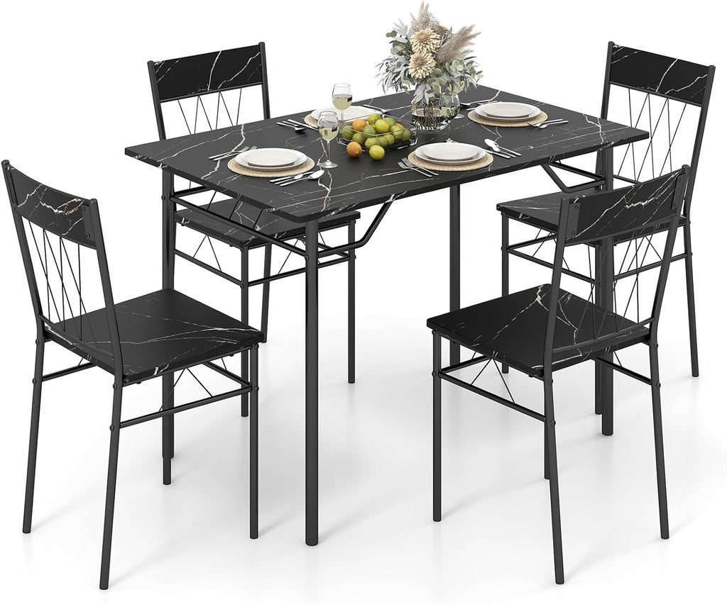 Giantex Dining Table Set for 4, 5-Piece Breakfast Nook with Kitchen Table, 4 Dining Chairs, Metal Frame, Space-Saving Dinette Table Set for 4, Small Place, Kitchen Table Chairs Set of 4 (Marble Black)