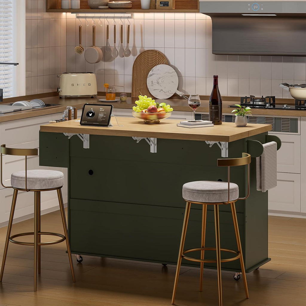 60' Kitchen Island with Power Outlet & Drop Leaf, Kitchen Rolling Island with Spice Rack & Towel Rack, Knife Holder, Kitchen Island Cart with Trash Storage Cabinet, Mobile Island Table for Kitchen