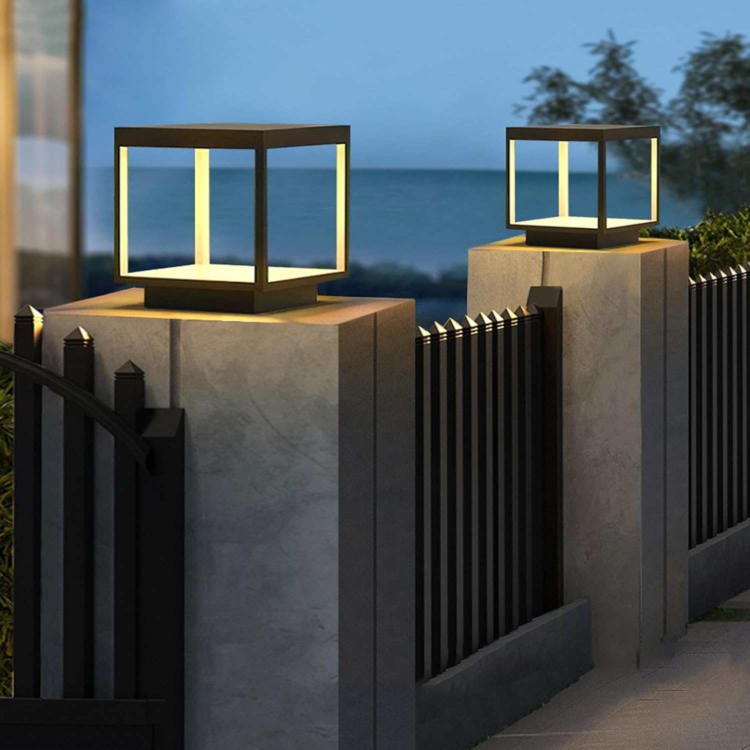Solar Outdoor Post Lights 10X10in, Dusk Till Dawn Solar stainless steel Column Light,No Wiring Required Electricity Cost Column Lamp,Garden Light,Waterproof,LED Solar Post lamp,Three-Color Adjustable