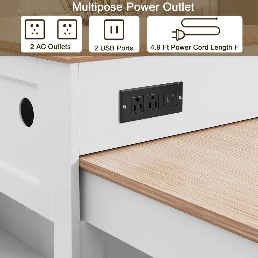 HLR 72' Kitchen Island with Extendable Table for 2-4, Island Table for Kitchen with Power Outlet and Storage Slide Out Legs, Rolling Islands Cart with 2 Doors (White)