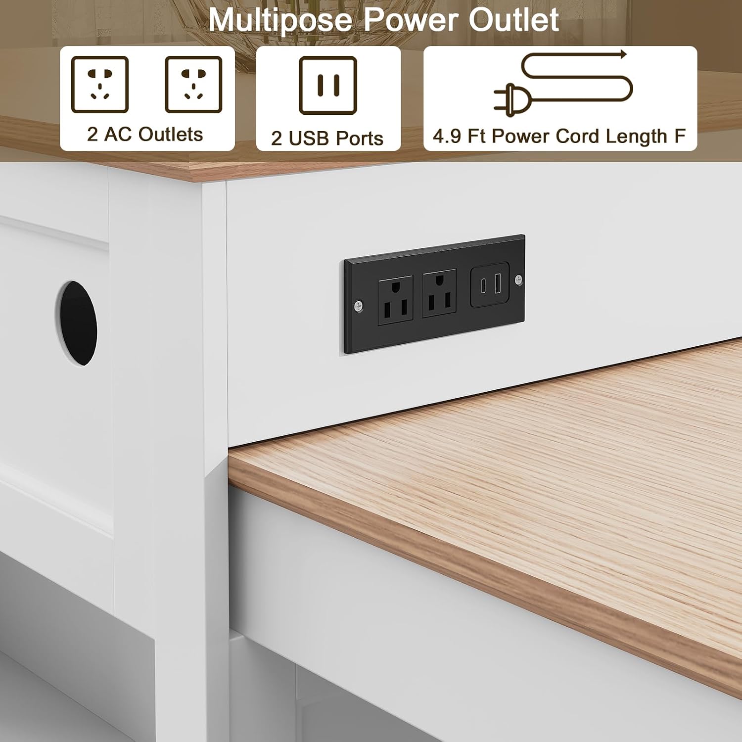 HLR 72' Kitchen Island with Extendable Table for 2-4, Island Table for Kitchen with Power Outlet and Storage Slide Out Legs, Rolling Islands Cart with 2 Doors (White)