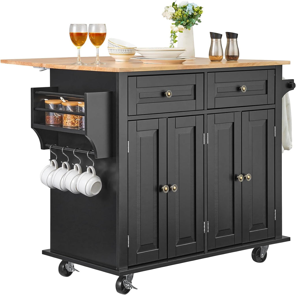 VEVOR Kitchen Island Cart, 35' Wood Top Mobile Carts with Storage Cabinet, Rolling Table with Drop Leaf, Spice Rack, Towel Bar, Adjustable Shelf, Drawer, and Hooks, Portable Islands on Wheels, Black