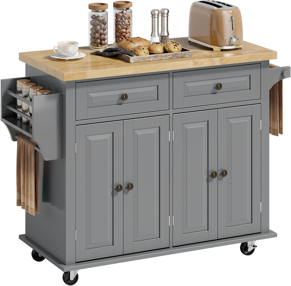 HOMCOM Kitchen Island Cart with Rubber Wood Top, Rolling Kitchen Island Table on Wheels with Drawers, Adjustable Shelves, Spice Rack and Towel Rack for Dining Room, Gray