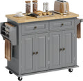 HOMCOM Kitchen Island Cart with Rubber Wood Top, Rolling Kitchen Island Table on Wheels with Drawers, Adjustable Shelves, Spice Rack and Towel Rack for Dining Room, Gray