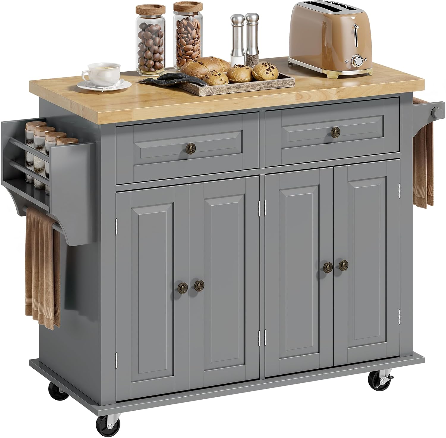 HOMCOM Kitchen Island Cart with Rubber Wood Top, Rolling Kitchen Island Table on Wheels with Drawers, Adjustable Shelves, Spice Rack and Towel Rack for Dining Room, Gray