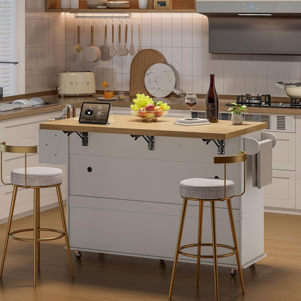 60' Kitchen Island with Power Outlet & Drop Leaf, Kitchen Rolling Island with Spice Rack & Towel Rack, Knife Holder, Kitchen Island Cart with Trash Storage Cabinet, Mobile Island Table for Kitchen