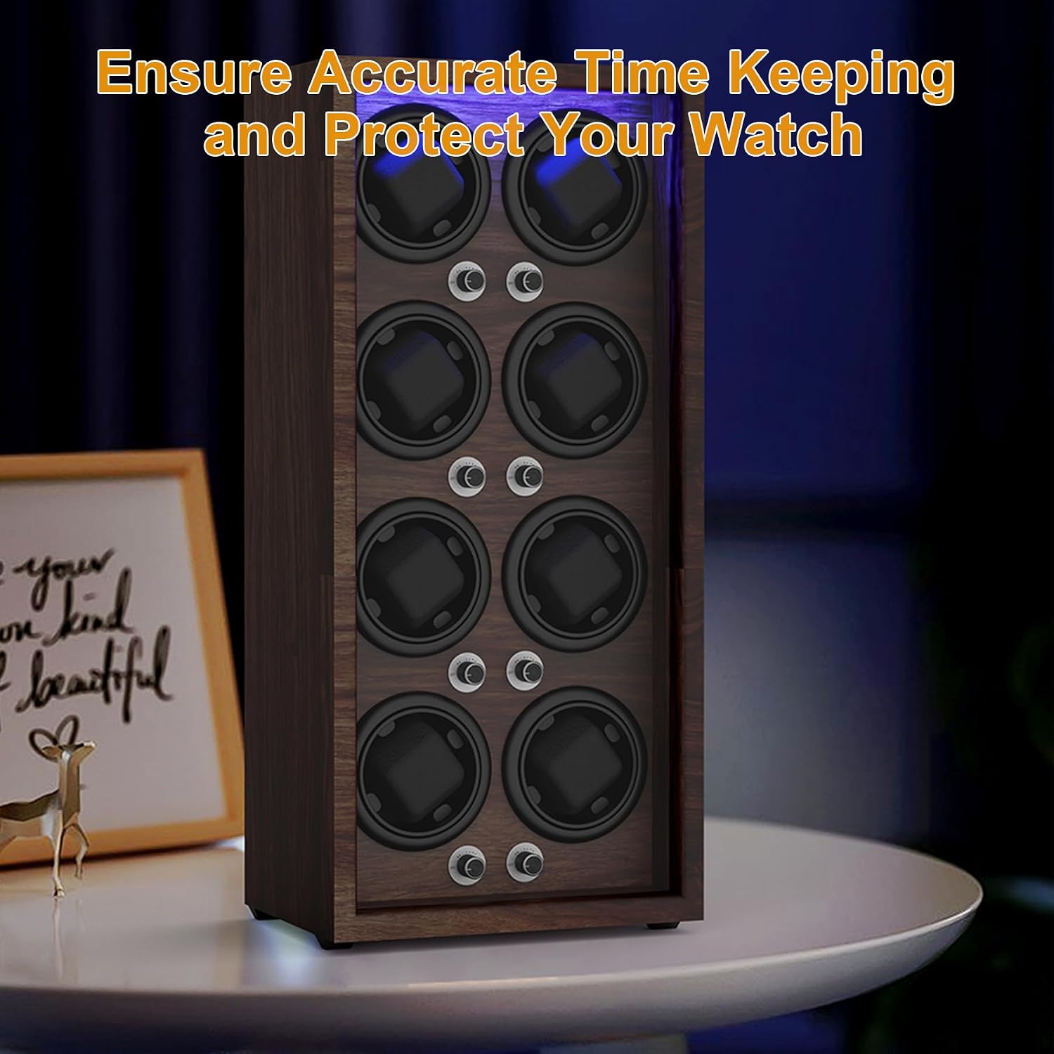 Watch Winder for Automatic Watches,Wooden Watch Rotating Case with LED Light,4 Rotation Modes,Elastic Watch Pillows Quiet Mabuchi Motor