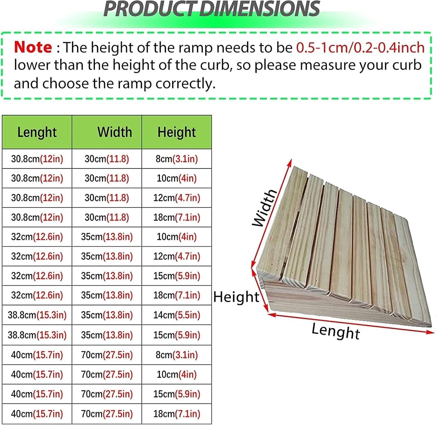 Threshold Ramp Wheelchair Ramp Non-Slip Wooden Threshold Ramp Home Steps Scooter Ramp Portable Stair Garage Kerb Ramps Roadside Slope Anti-Slip (Size : 40x70x18cm)