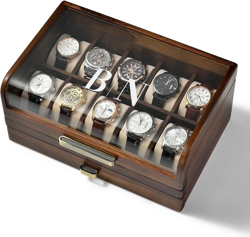 Shanik Wooden Watch Box with Drawer & Glass Lid – Acacia Wood Valet Tray Organizer for Men, Minimalist Nightstand Storage, Engraved Daily Watch Display Case, Personalized Gift for Him, Father's Day