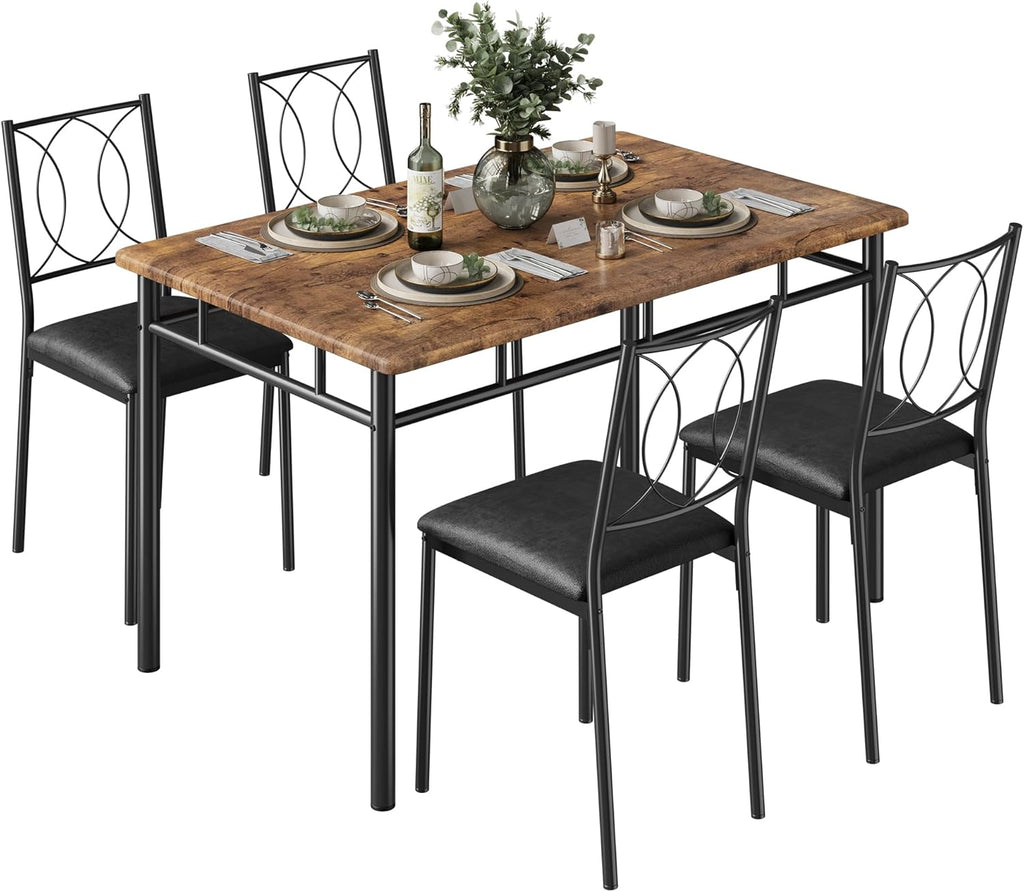 Garvee Dining Table Set for 4, Small Kitchen Table with Upholstered Chairs, Farmhouse Wood Dining Table Chairs for Kitchen Room, Small Spaces, Apartment, Brown